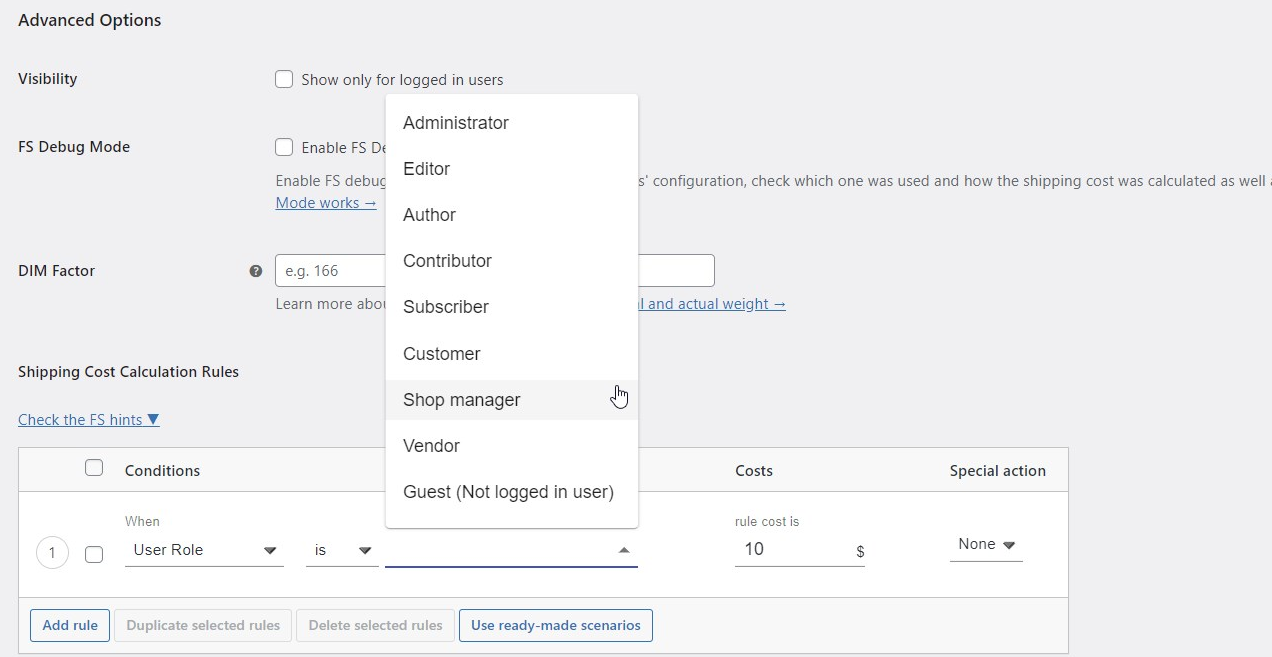 Configurar envío por rol de usuario