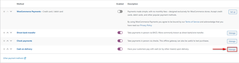 edit payment gateways in woocommerce - woocommerce payment enabled