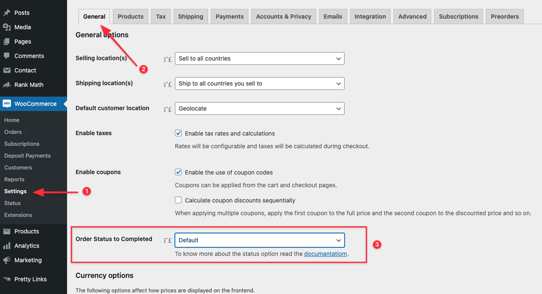 Opción general de configuración de control de estado de WooCommerce