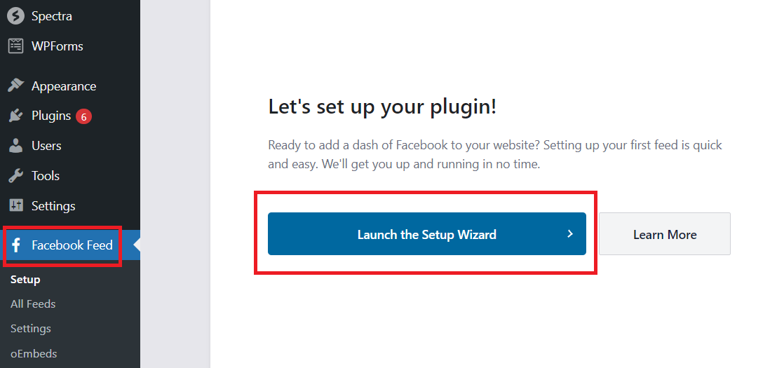 Inicie el asistente de configuración dentro del complemento Facebook Feed