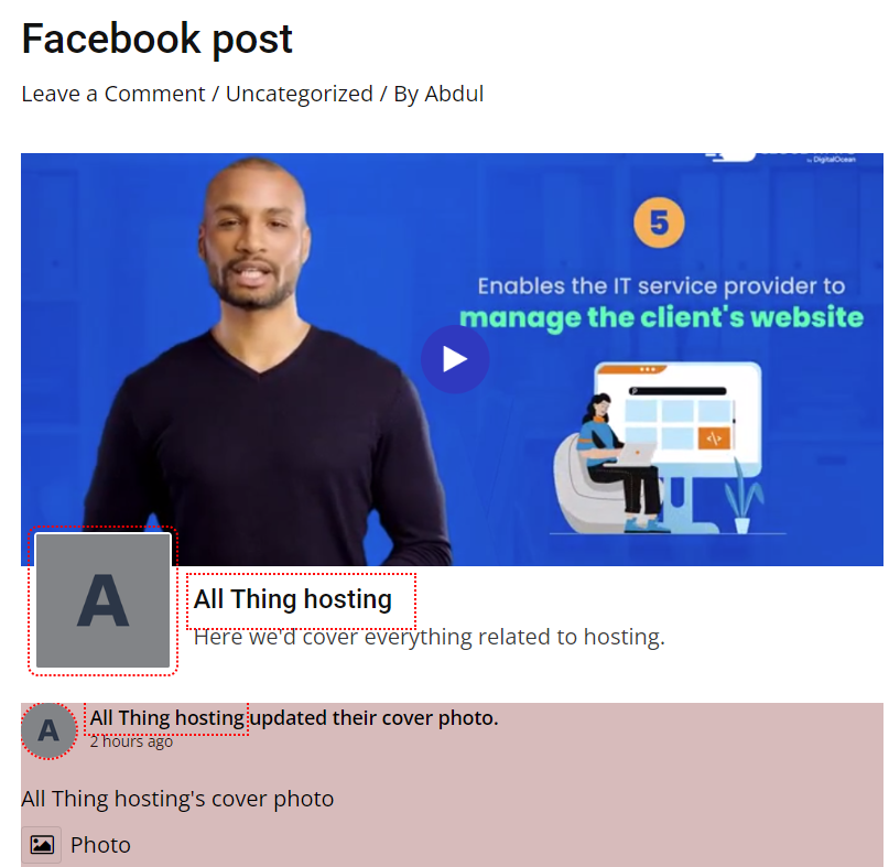 Vista previa de WordPress del feed de Facebook después de agregar el código corto