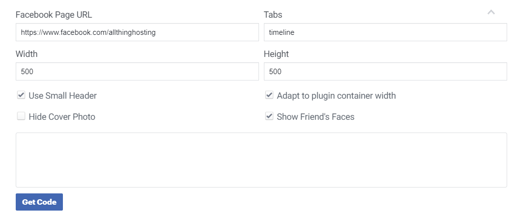 alterna la configuración de visualización para un encabezado pequeño y una foto de portada, adapta el ancho del contenedor del complemento y muestra las caras de tus amigos de Facebook