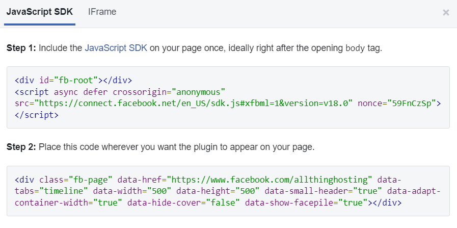 Después de configurar los ajustes, haga clic en Obtener código para obtener el SDK de JavaScript y el código iFrame.
