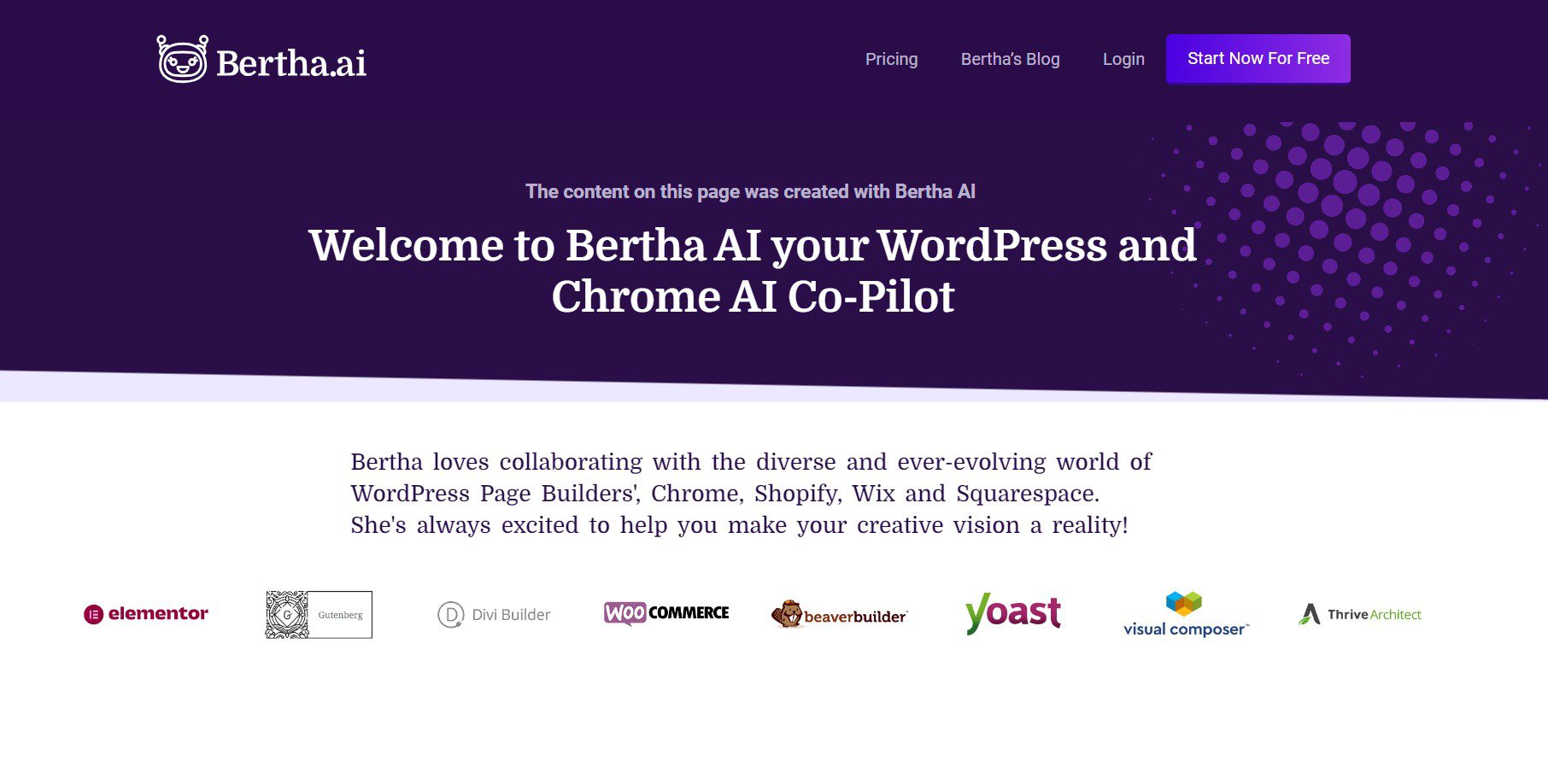 Mejor escritora de contenido de WordPress: sección de héroes de Bertha AI