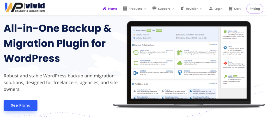 Los 5 mejores complementos de migración de respaldo de WordPress para mantener sus datos seguros y moverse con seguridad (algunos de ellos son mejores para evitar fallas migratorias de su sitio Woo) 4 WP Vivid - Complemento de migración de copia de seguridad de WordPress