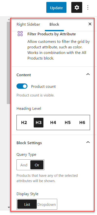 block-configuration-1 configuración de bloque: filtre los productos de woocommerce por atributo