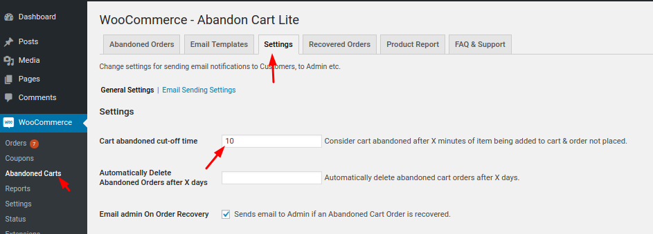 Cómo ver carritos abandonados en WooCommerce gratis 1 Ilustrando cómo establecer la hora límite en carritos abandonados” en el menú principal de WooCommerce.