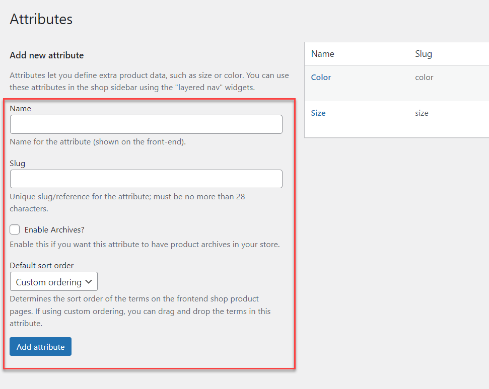 create-attribute-1 crear atributo - filtrar productos de woocommerce por atributo