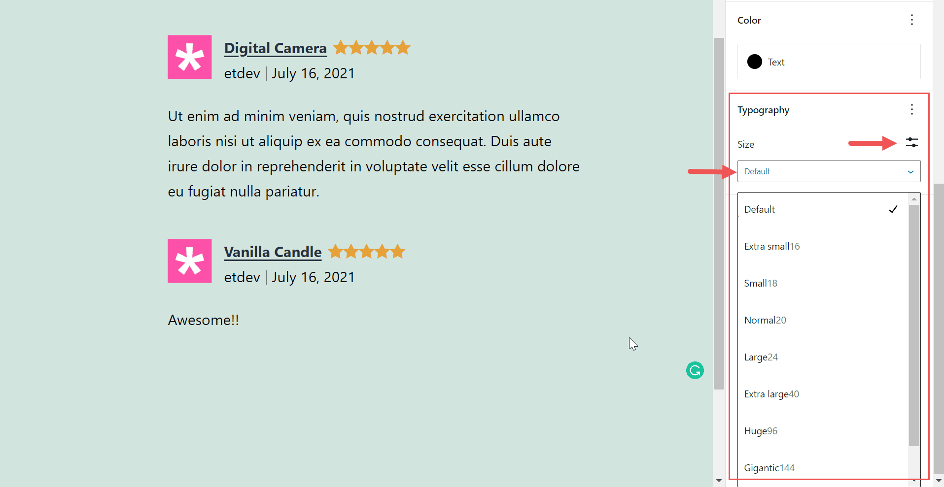 font-size todas las reseñas bloquean el tamaño de fuente