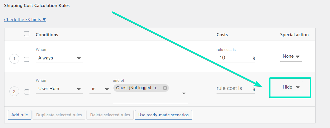 Ocultar método de envío para usuarios no registrados