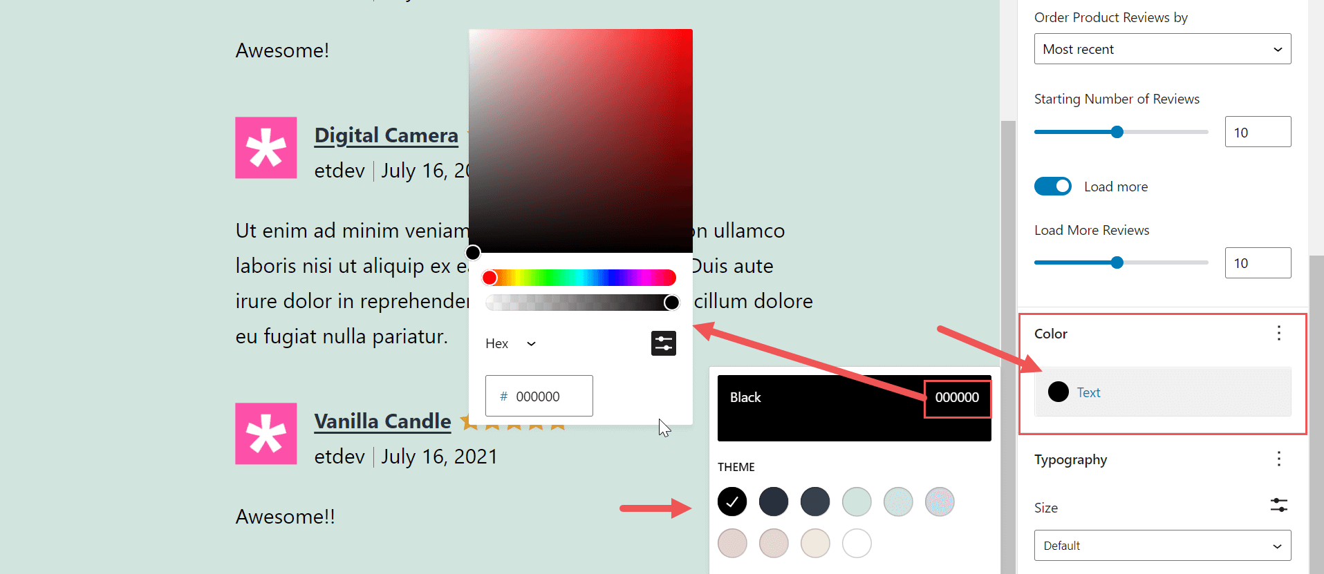 text-color cambiar el color del texto del bloque de todas las reseñas